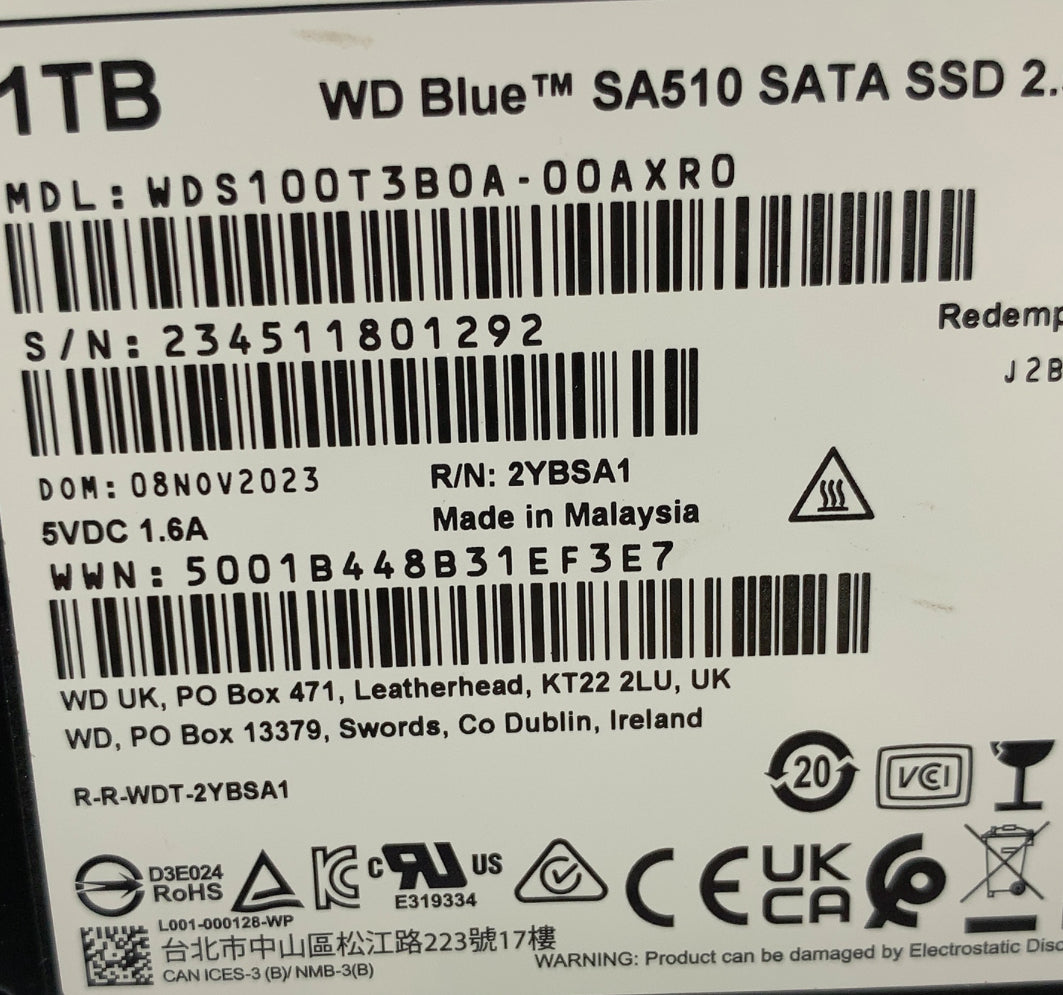 Western Digital Blue 2.5-inch SA510 1TB SATA III 6 Gb/s SSD WDS100T3B0A-00AXR0