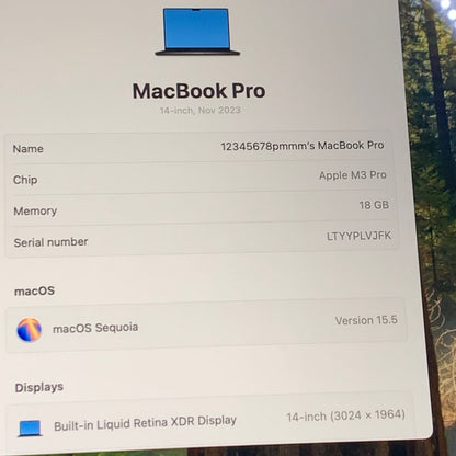 2023 Apple MacBook Pro 14" M3 Pro 14C GPU 4.0GHz 18GB RAM 512GB SSD MRX33LL/A