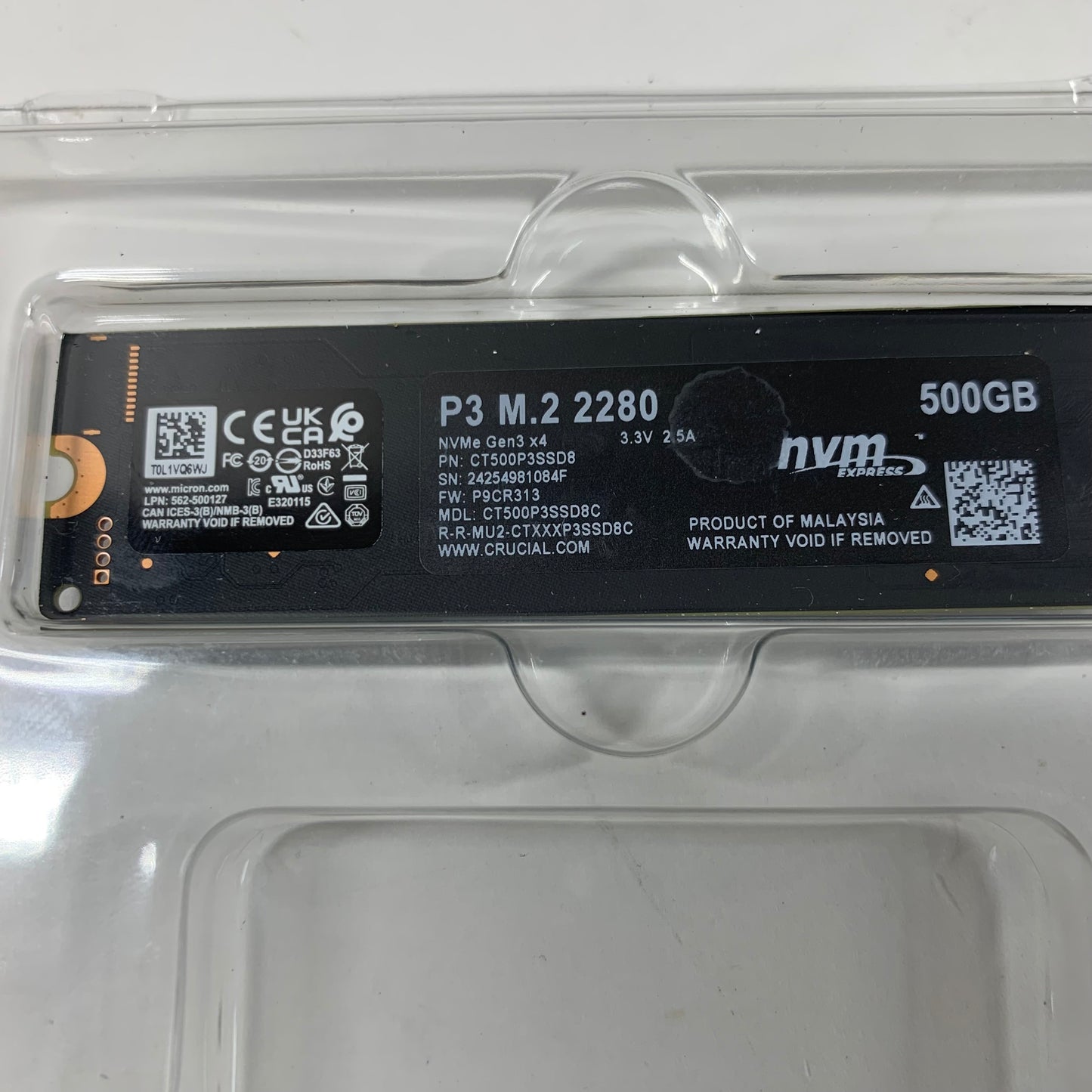 Crucial 2280mm P3 M.2 2280 500GB M.2 NVMe Gen 3.0 x 4 SSD CT500P3SSD8