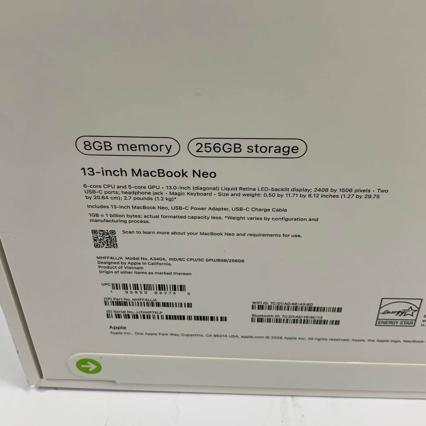 New 2026 Apple MacBook Neo 13" A18 Pro 5C GPU 4.0GHz 8GB RAM 256GB SSD MHFF4LL/A