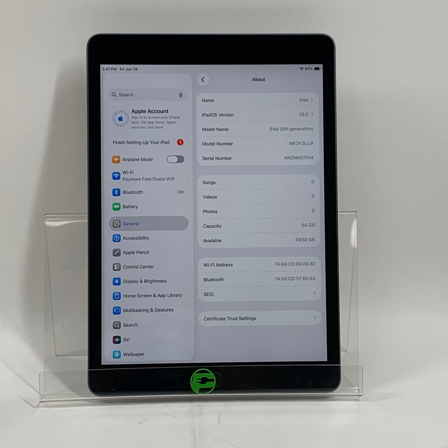 WiFi Only Apple iPad 9th Gen 64GB Space Gray MK2K3LL/A